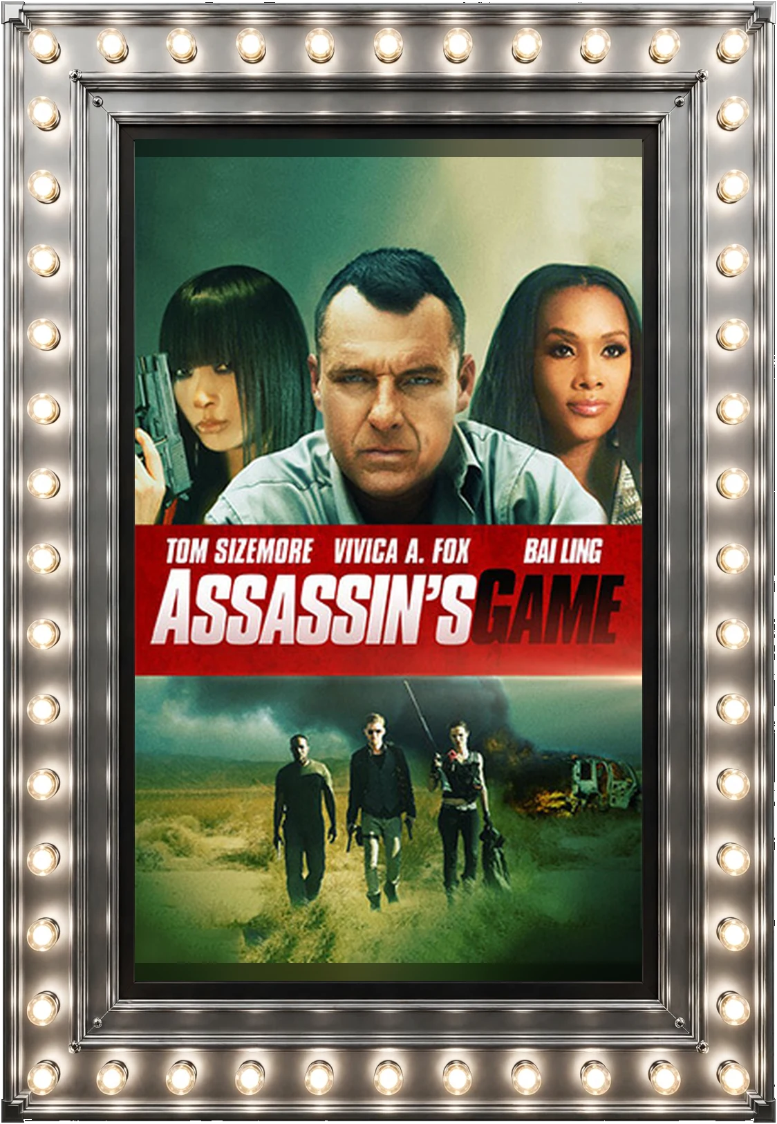 Assassin’s Game — official movie poster in a polished-silver marquee display case lit by marquee bulbs