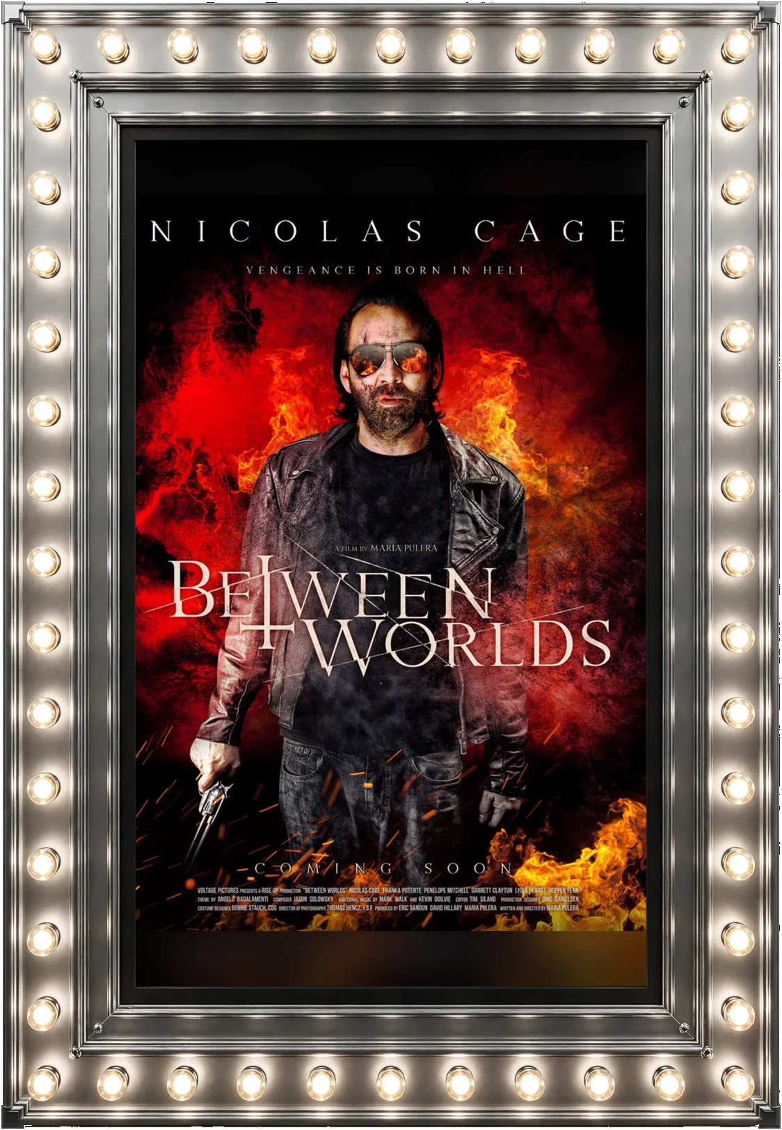 Between Worlds — official movie poster in a polished-silver marquee display case lit by marquee bulbs