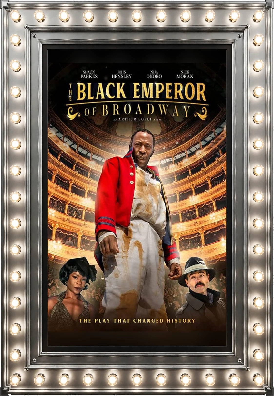 The Black Emperor of Broadway — official movie poster in a polished-silver marquee display case lit by marquee bulbs
