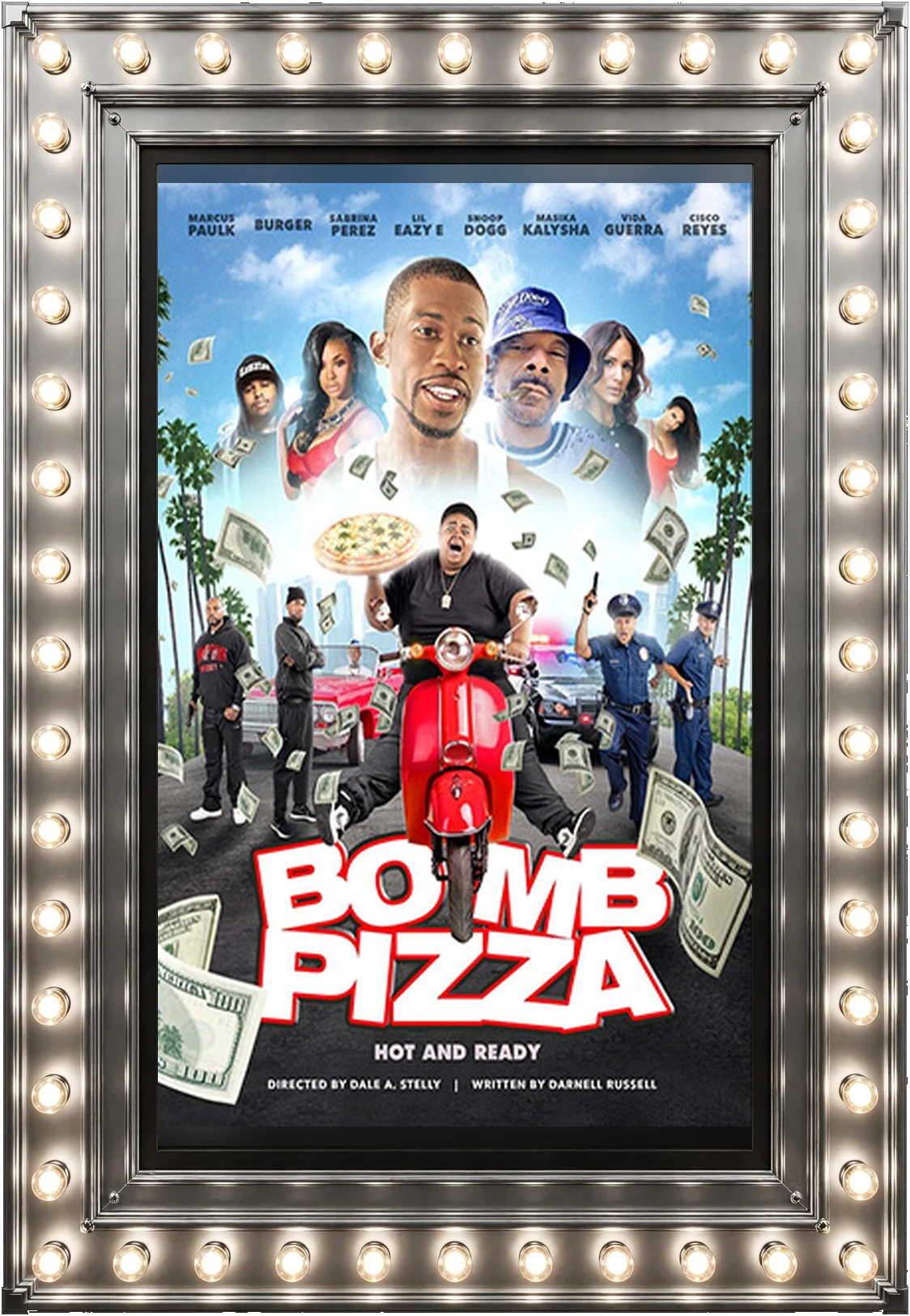 Bomb Pizza — official movie poster in a polished-silver marquee display case lit by marquee bulbs