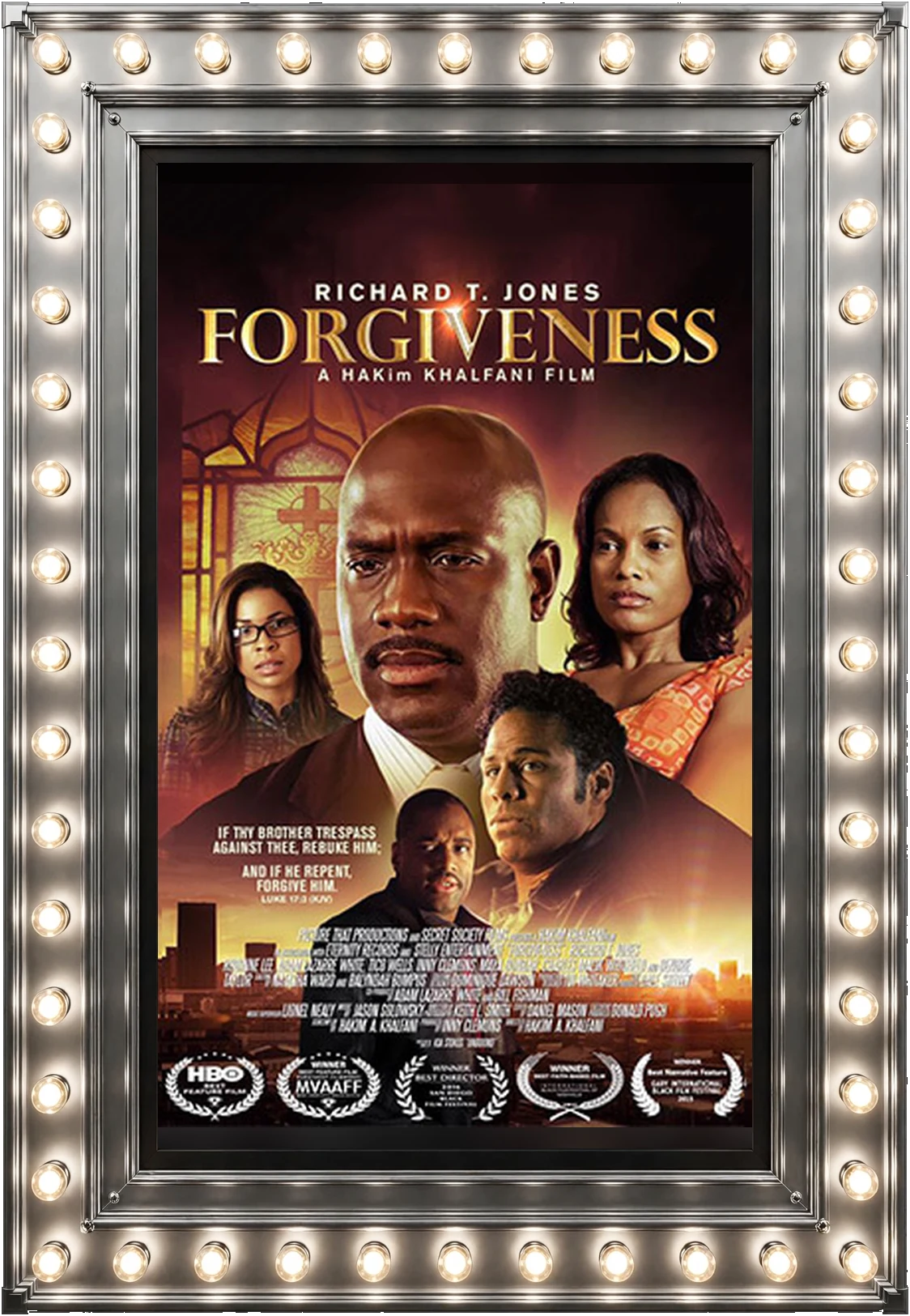 Forgiveness — official movie poster in a polished-silver marquee display case lit by marquee bulbs