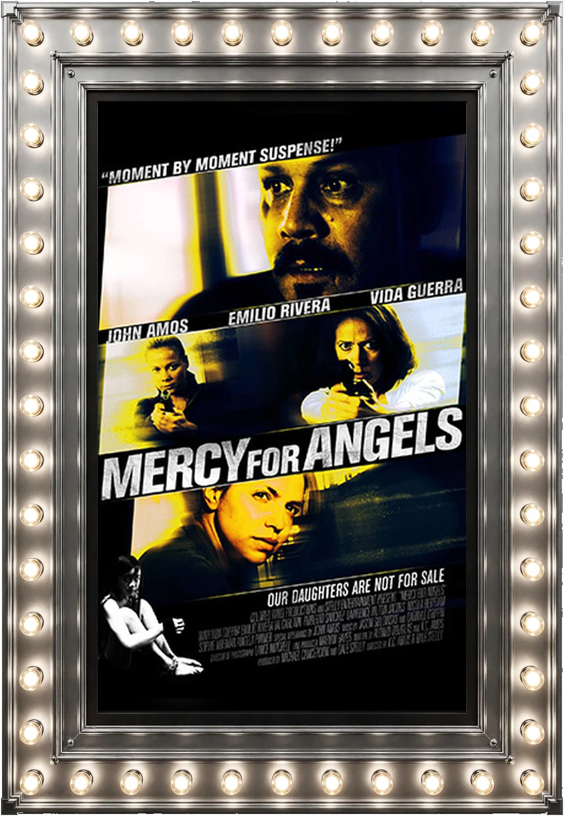 Mercy For Angels — official movie poster in a polished-silver marquee display case lit by marquee bulbs