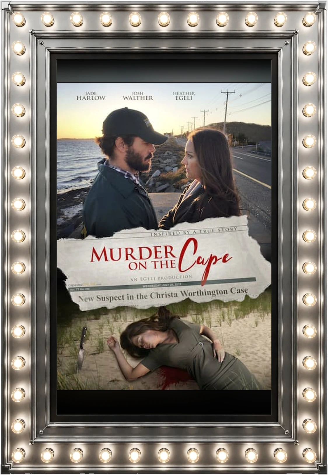 Murder on the Cape — official movie poster in a polished-silver marquee display case lit by marquee bulbs