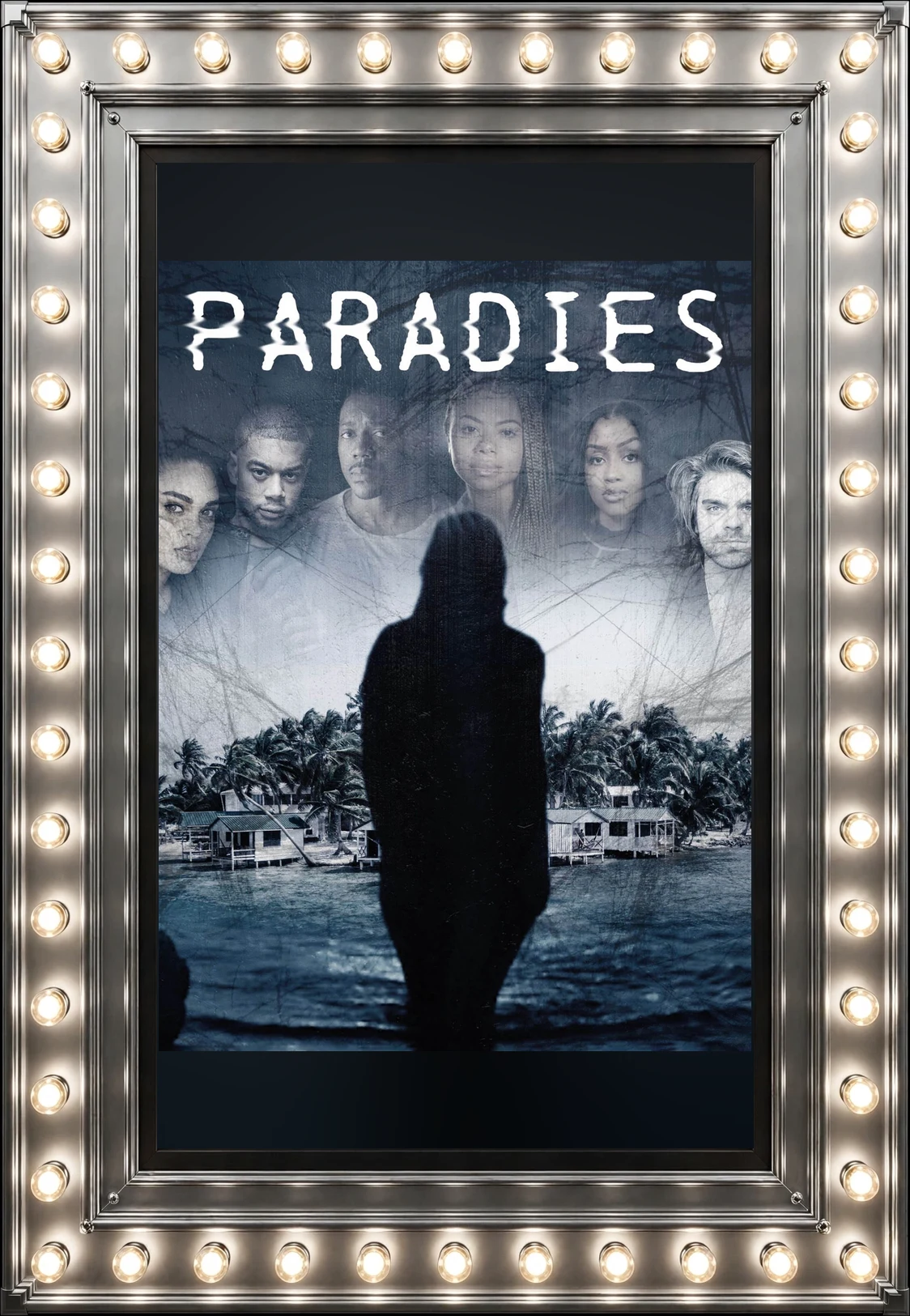 Paradies — official movie poster in a polished-silver marquee display case lit by marquee bulbs