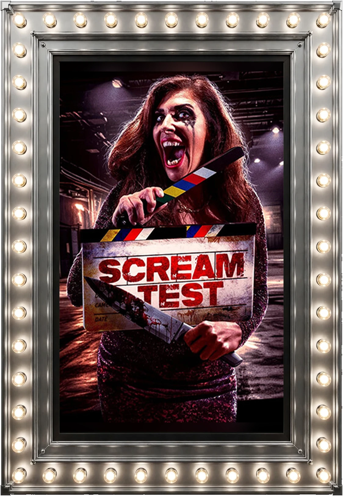 Scream Test — official movie poster in a polished-silver marquee display case lit by marquee bulbs