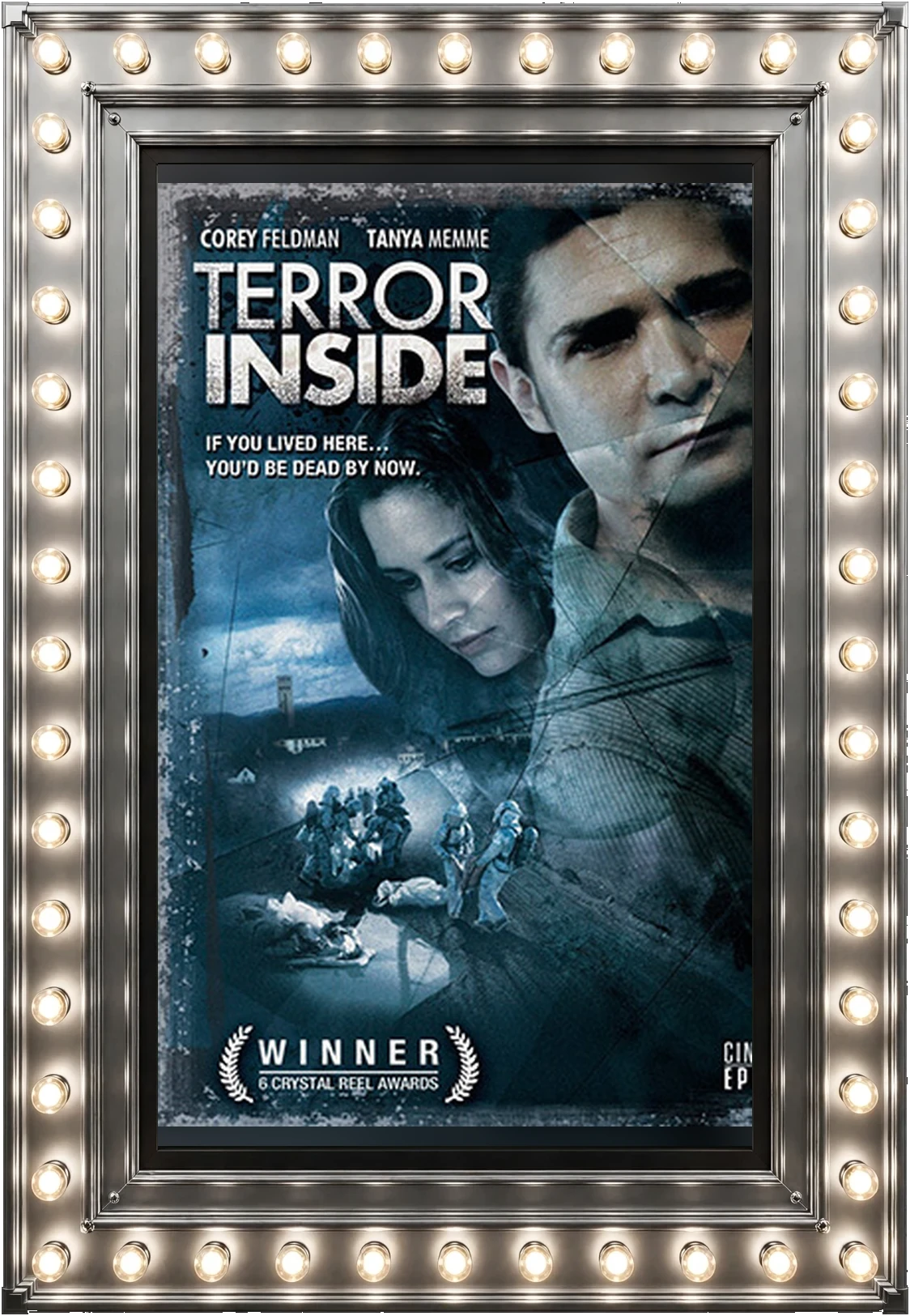Terror Inside — official movie poster in a polished-silver marquee display case lit by marquee bulbs