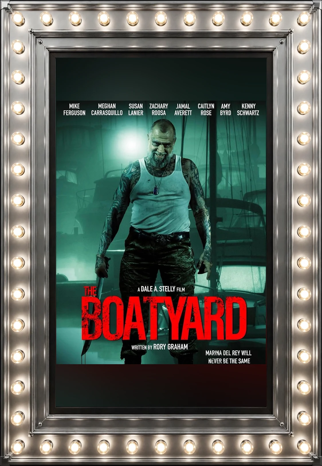 The Boatyard — official movie poster in a polished-silver marquee display case lit by marquee bulbs