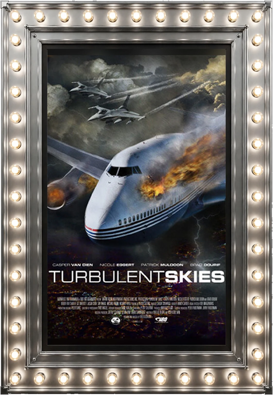 Turbulent Skies — official movie poster in a polished-silver marquee display case lit by marquee bulbs