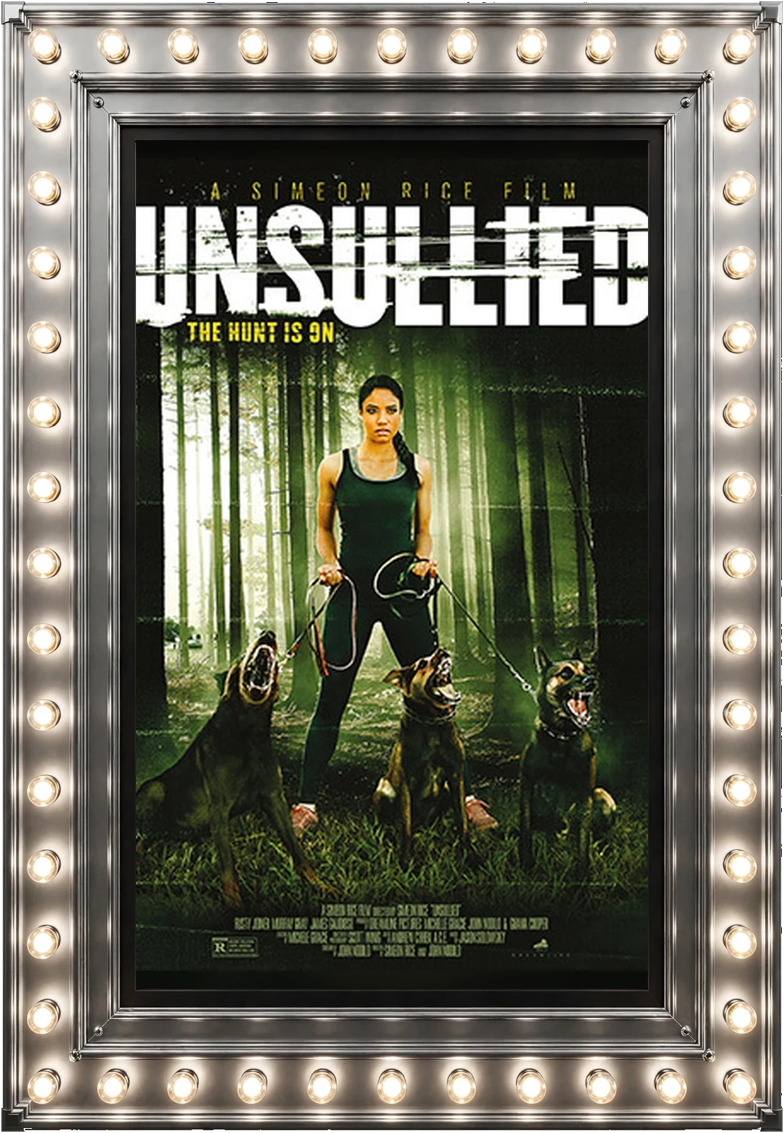 Unsullied — official movie poster in a polished-silver marquee display case lit by marquee bulbs