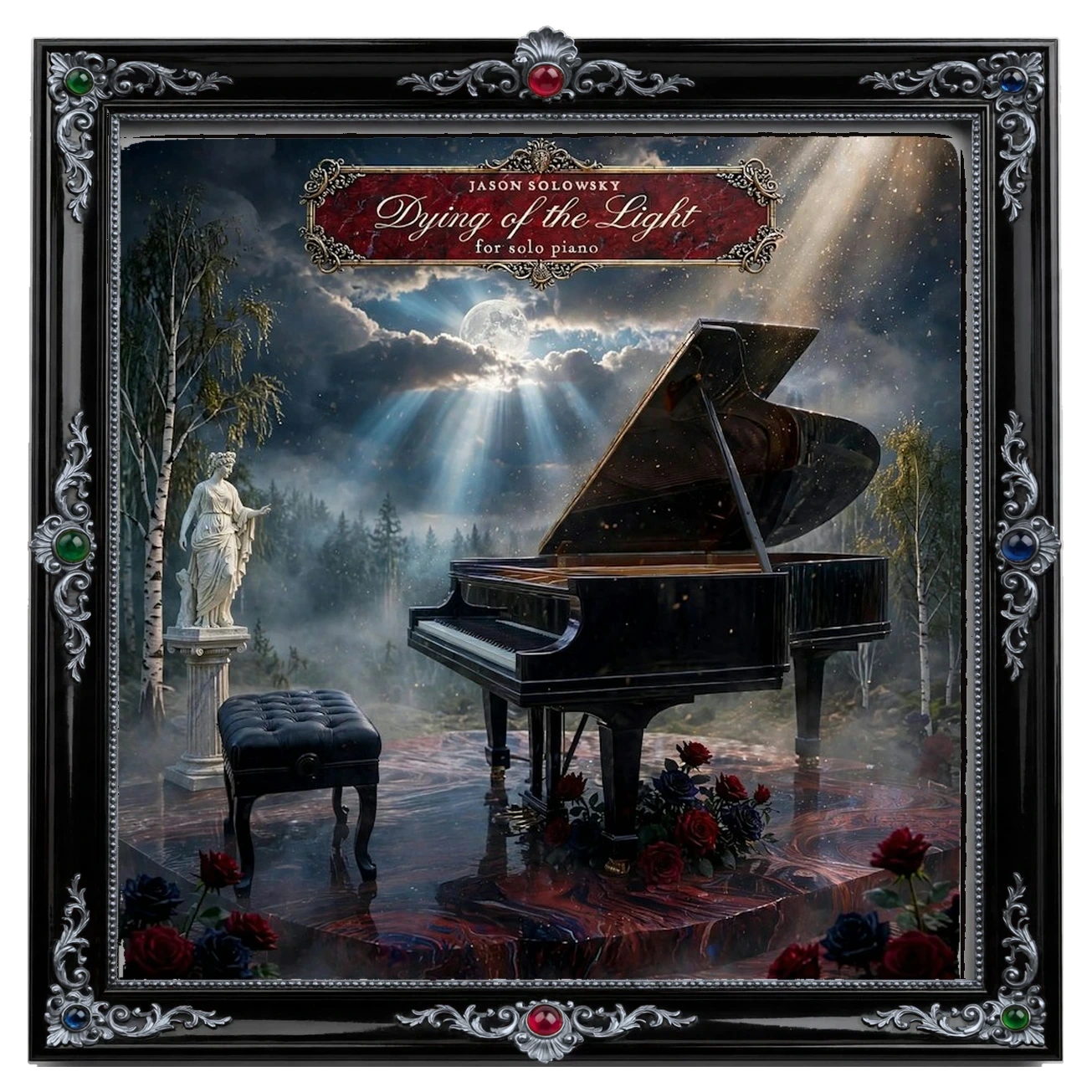 Dying of the Light — official cover art: a black grand piano in a moonlit forest clearing, with a marble statue, roses, and moonbeams breaking through the clouds — shown in a slim black-lacquer and silver rococo frame with jewel glass