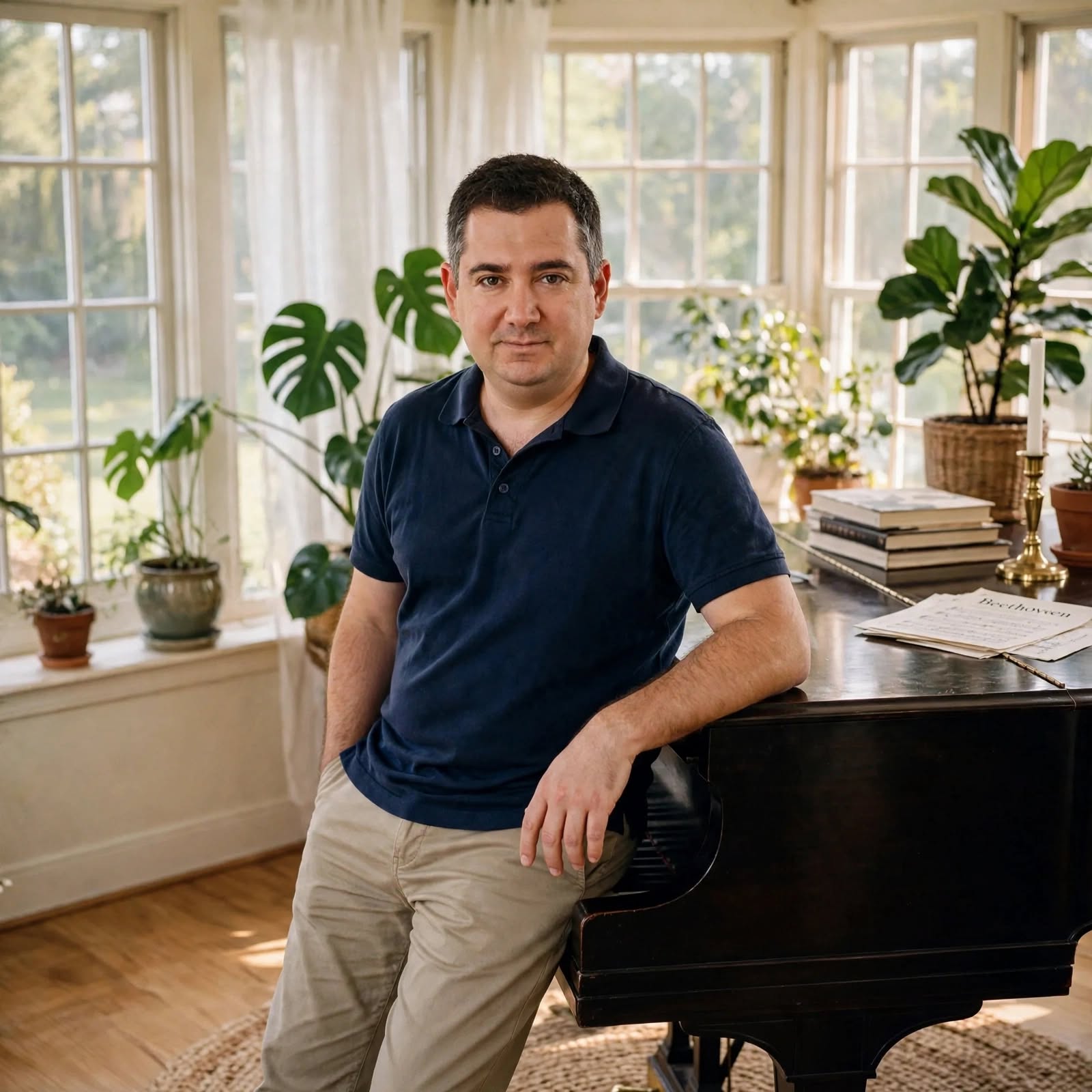 Jason Solowsky leaning on a black grand piano in a bright sunroom, with a monstera and a fiddle-leaf fig by the windows